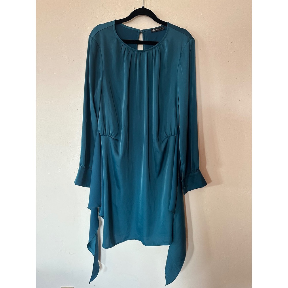PrettyGarden Teal Blue Satin Long Sleeve Tie Waist Mini Dress Large